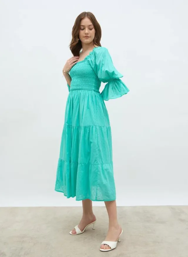 Smocked Square Neck A-Line Midi Dress turquoise – image 3