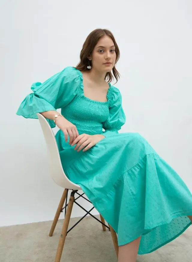Smocked Square Neck A-Line Midi Dress turquoise – image 6