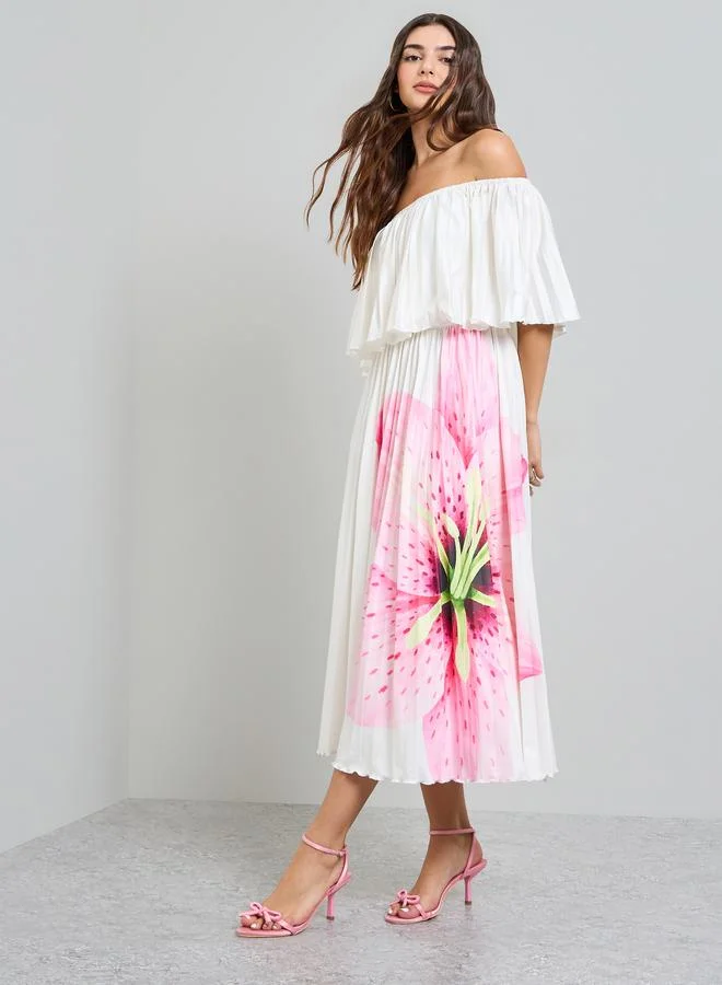 Floral Off Shoulder A-Line Midi Dress White