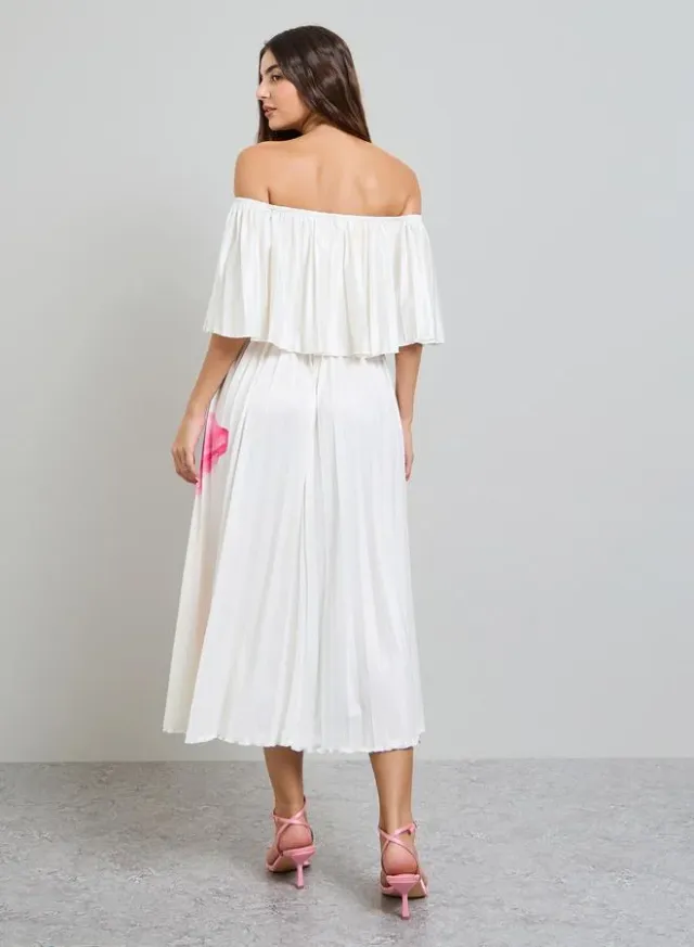 Floral Off Shoulder A-Line Midi Dress White – image 5