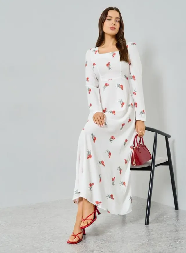 Floral Print Long Sleeve Maxi Dress White