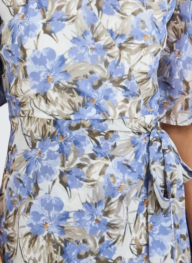 Blue Floral Maxi Wrap Dress - V Neck, Short Sleeves, Regular Fit – image 4