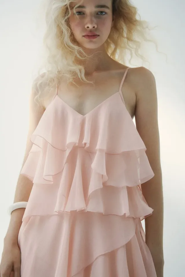 Light Pink Floral Asymmetric Tiered Mini Dress - Sleeveless V Neck – image 4