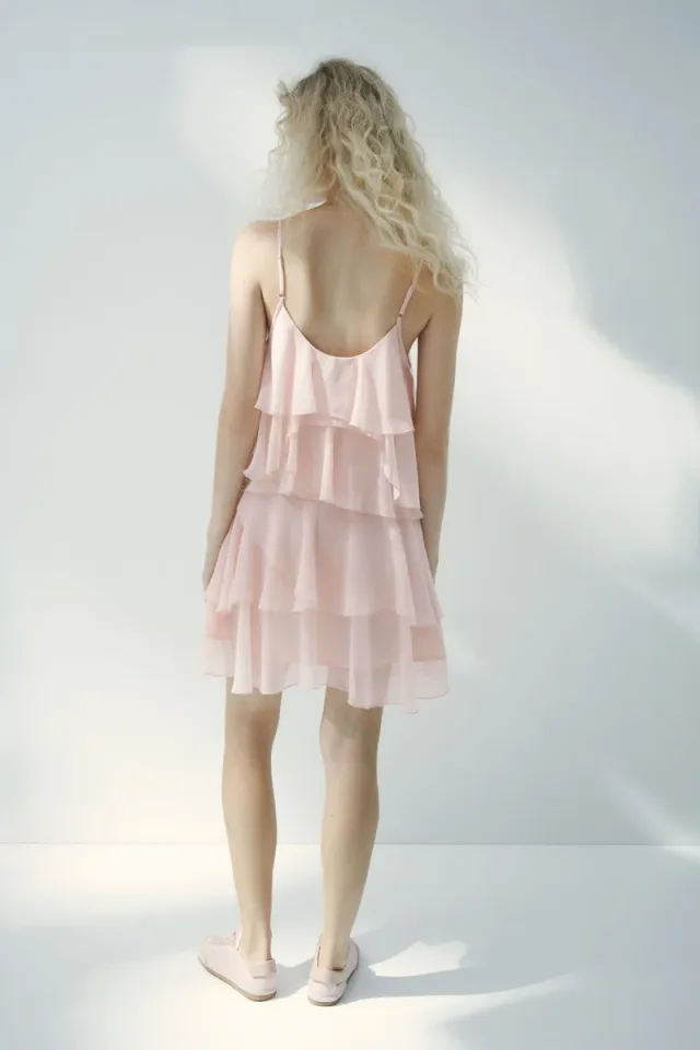 Light Pink Floral Asymmetric Tiered Mini Dress - Sleeveless V Neck – image 5