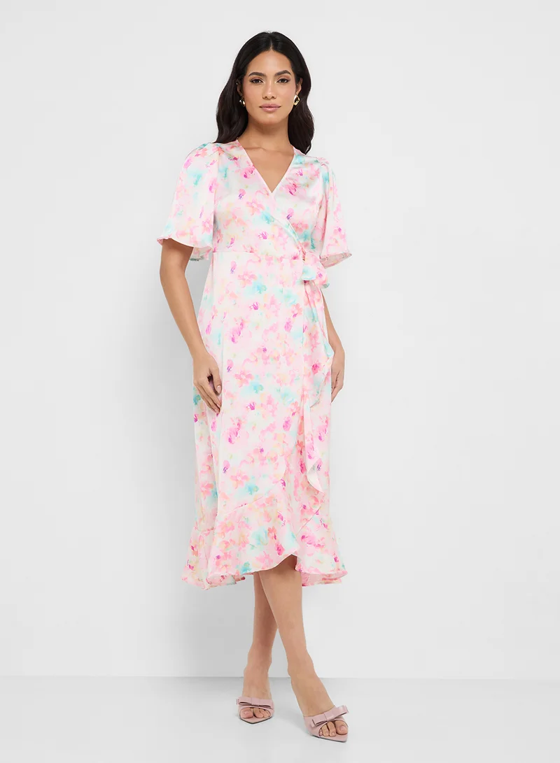 Floral Wrap Frill Hem Dress