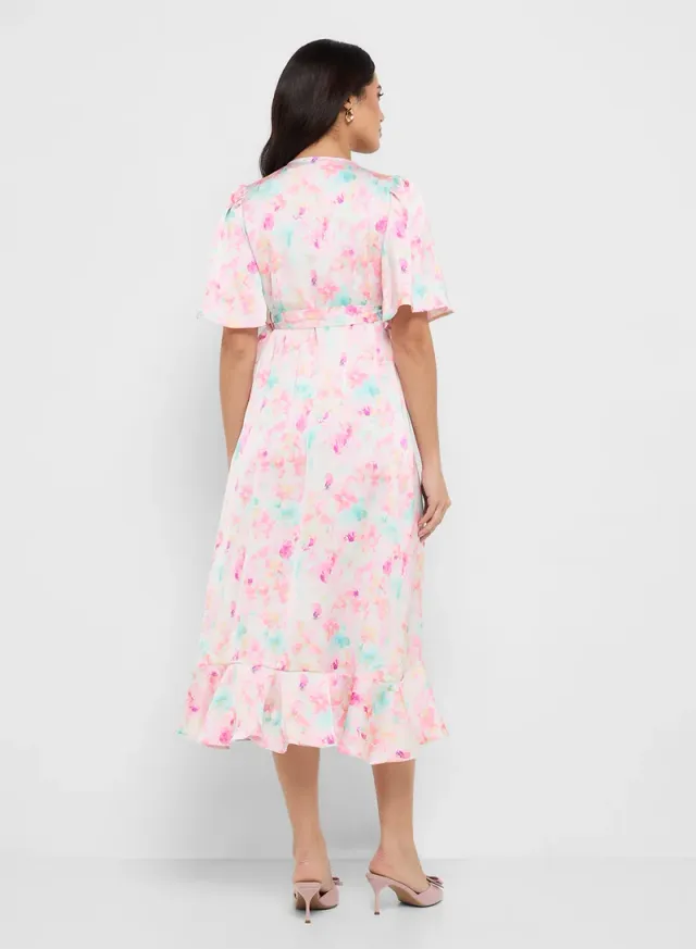 Pink Floral Wrap Midi Dress with Frill Hem and V Neck – image 2