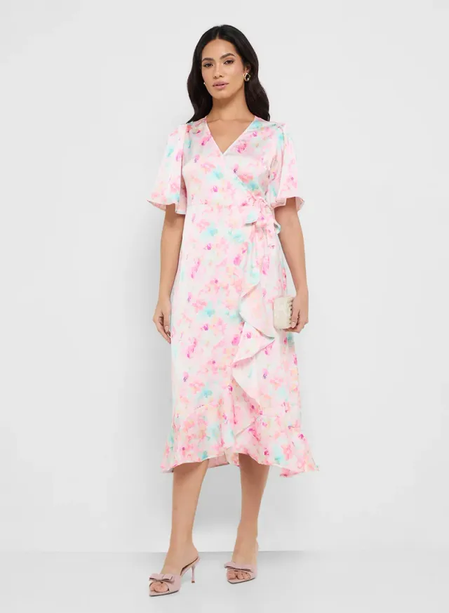 Pink Floral Wrap Midi Dress with Frill Hem and V Neck – image 4