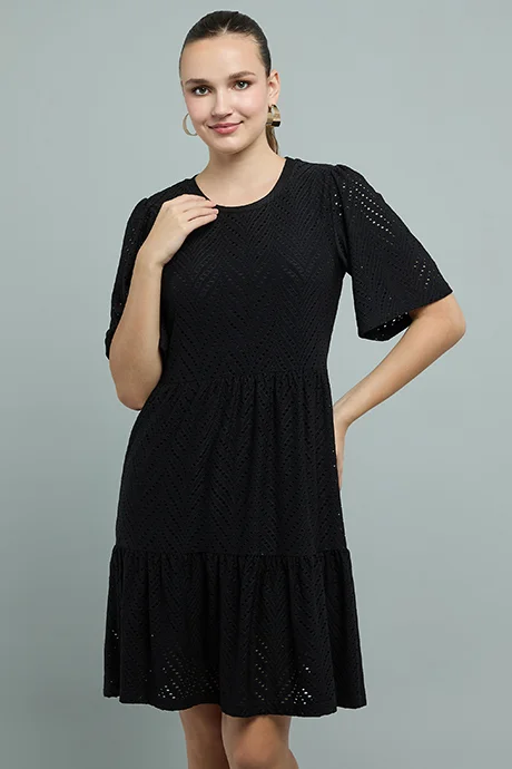 Schiffli Tiered Dress with Crew Neck Short Sleeves