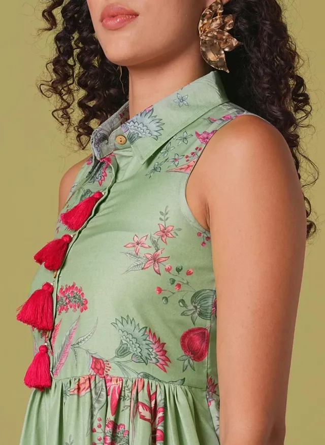 Women's Shirt Collar Floral Print A-Line Tiered Midi Dress Green – image 5