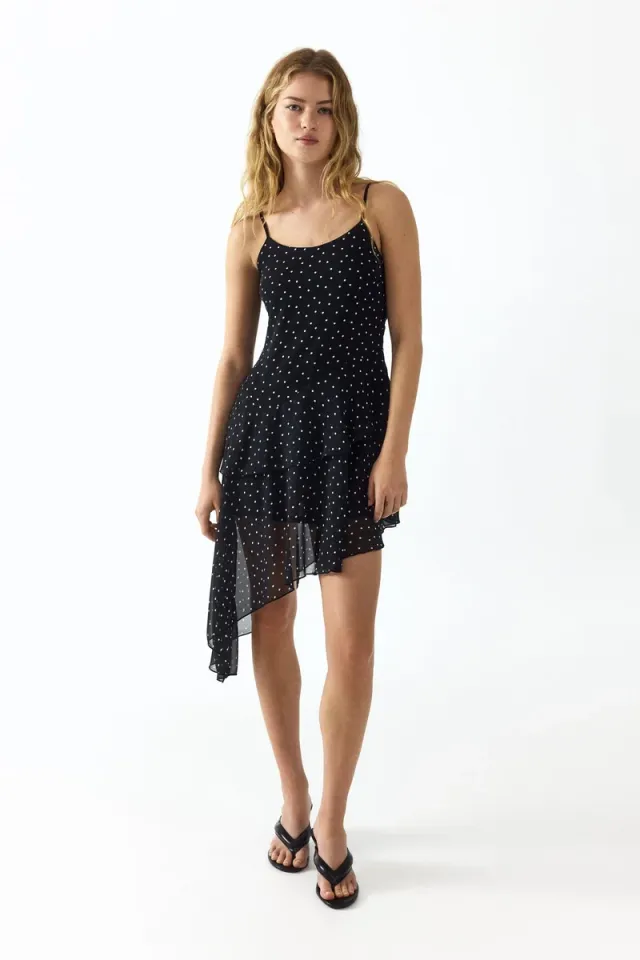 Black Asymmetric Chiffon Tiered Midi Dress - V Neck, Sleeveless, Printed – image 2