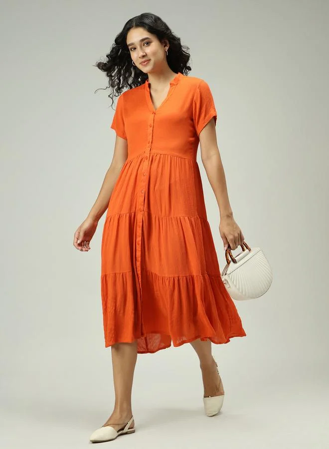 Button Down Tiered Midi Dress Orange
