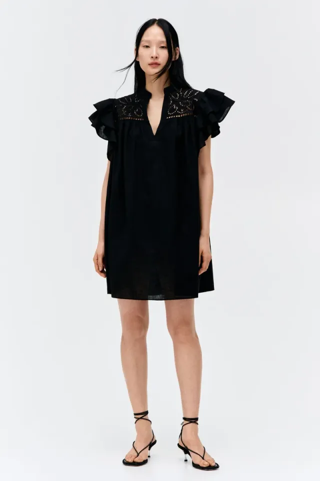 Black Mini Dress with Broderie Anglaise, V Neck, Short Sleeves, A-line Silhouette – image 3