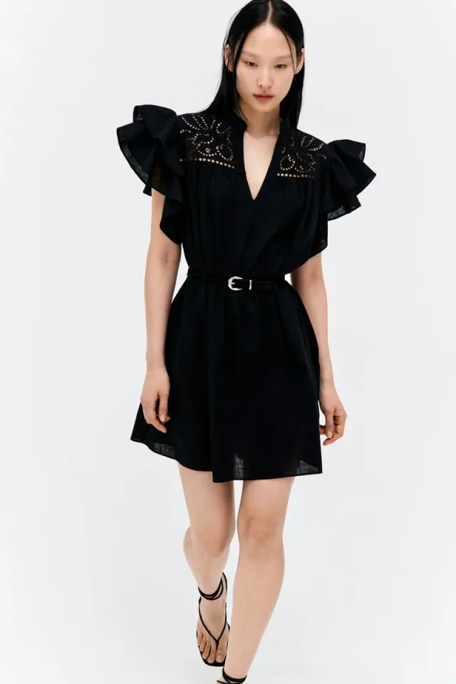 Black Mini Dress with Broderie Anglaise, V Neck, Short Sleeves, A-line Silhouette – image 4