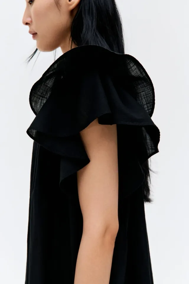 Black Mini Dress with Broderie Anglaise, V Neck, Short Sleeves, A-line Silhouette – image 5