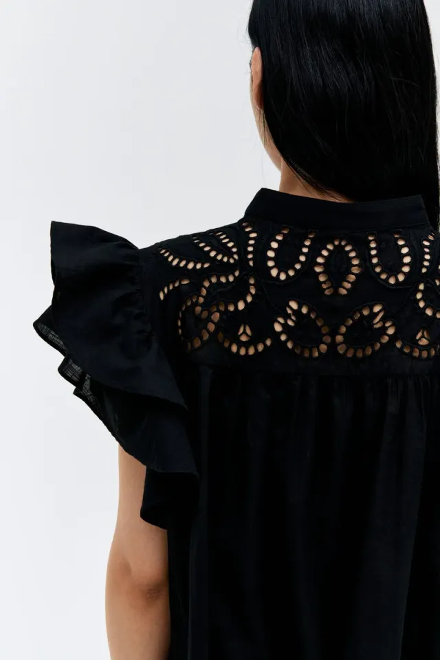 Black Mini Dress with Broderie Anglaise, V Neck, Short Sleeves, A-line Silhouette – image 6
