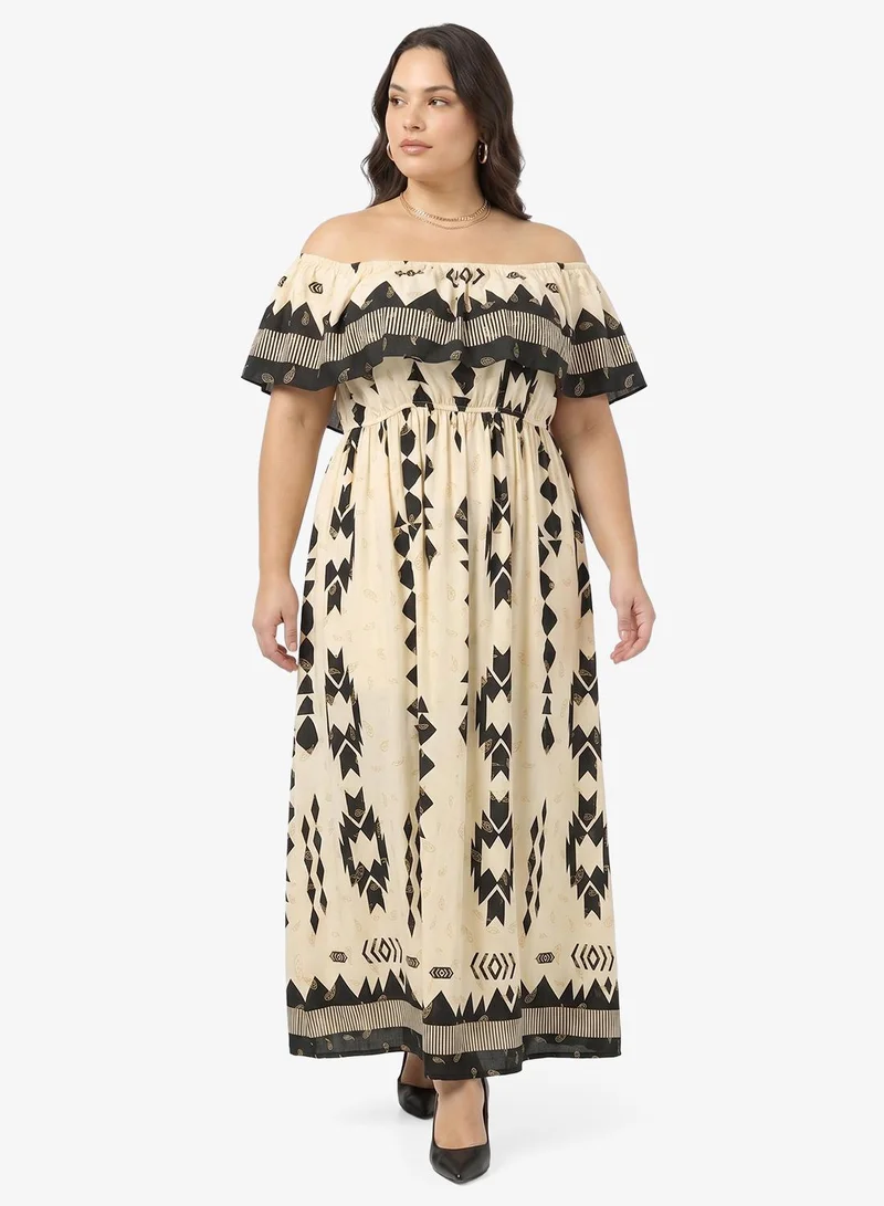 Off Shoulder Monochrome Print A-Line Dress