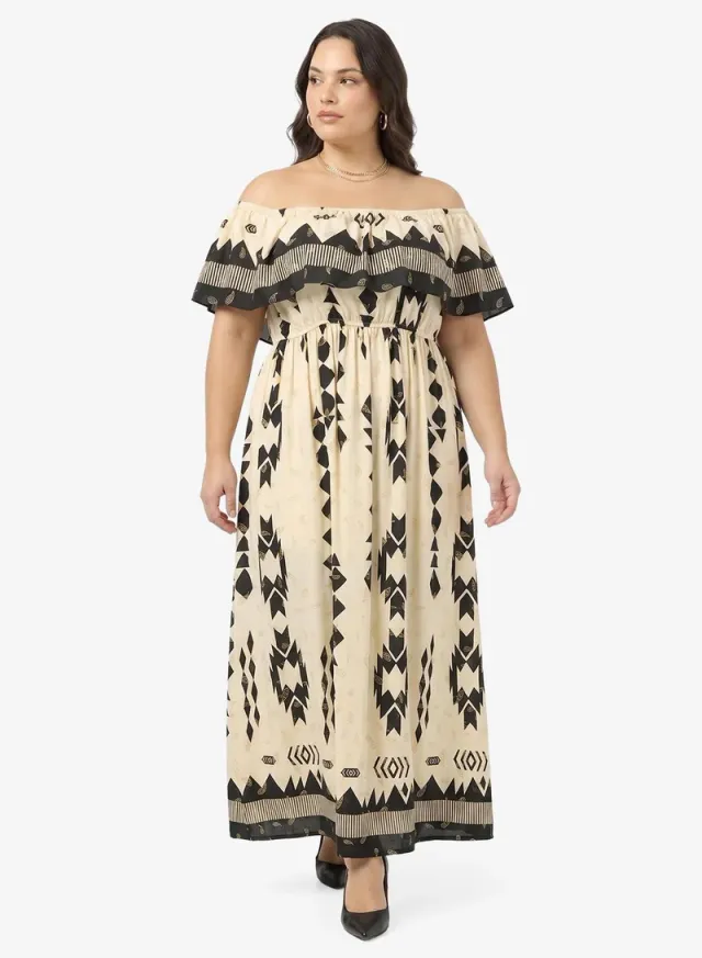 Off Shoulder Monochrome Print A-Line Dress