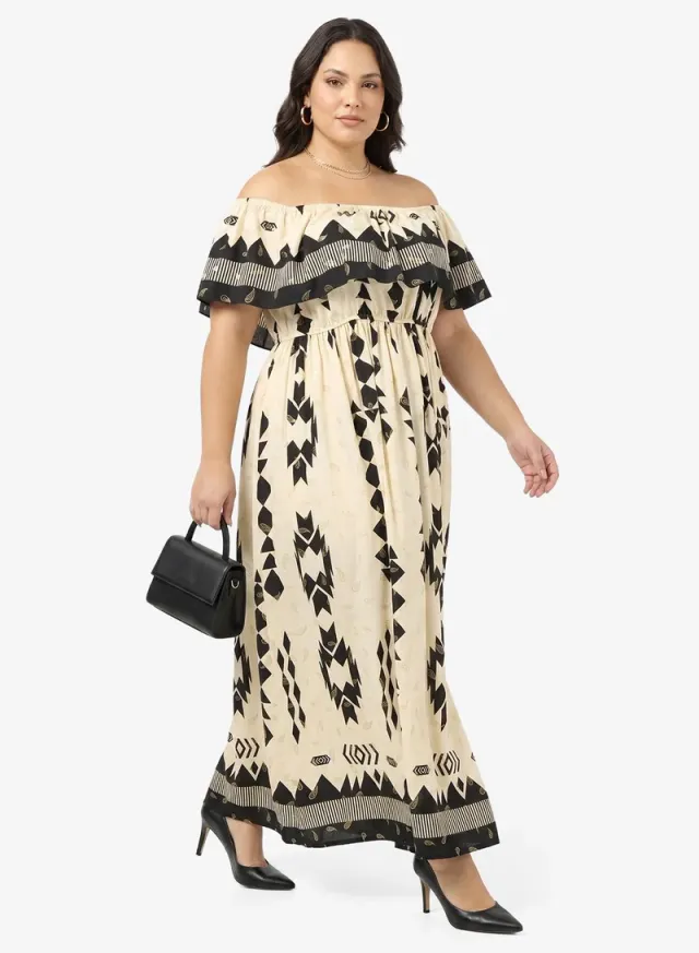 Plus Size Off-Shoulder Monochrome Printed A-Line Maxi Dress – image 4