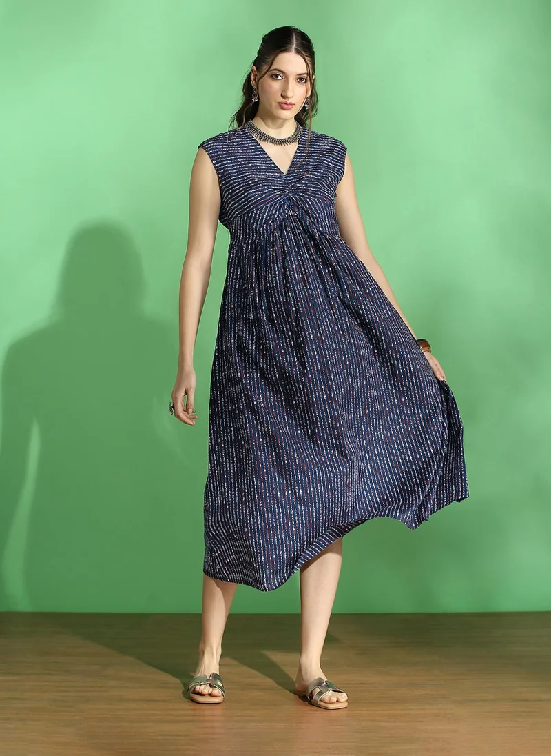 Women's Twisted Striped Sleeveless V-Neck Ethnic Dress Navy Blue