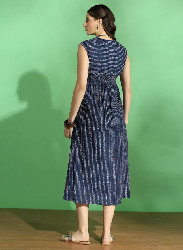 Navy Blue Striped A-Line Midi Dress with Twisted Detail – image 4