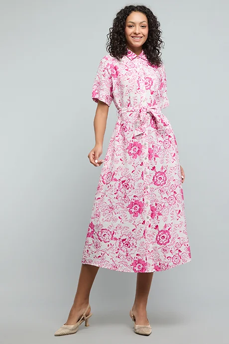 Short Sleeve Floral Print Shirt Dress