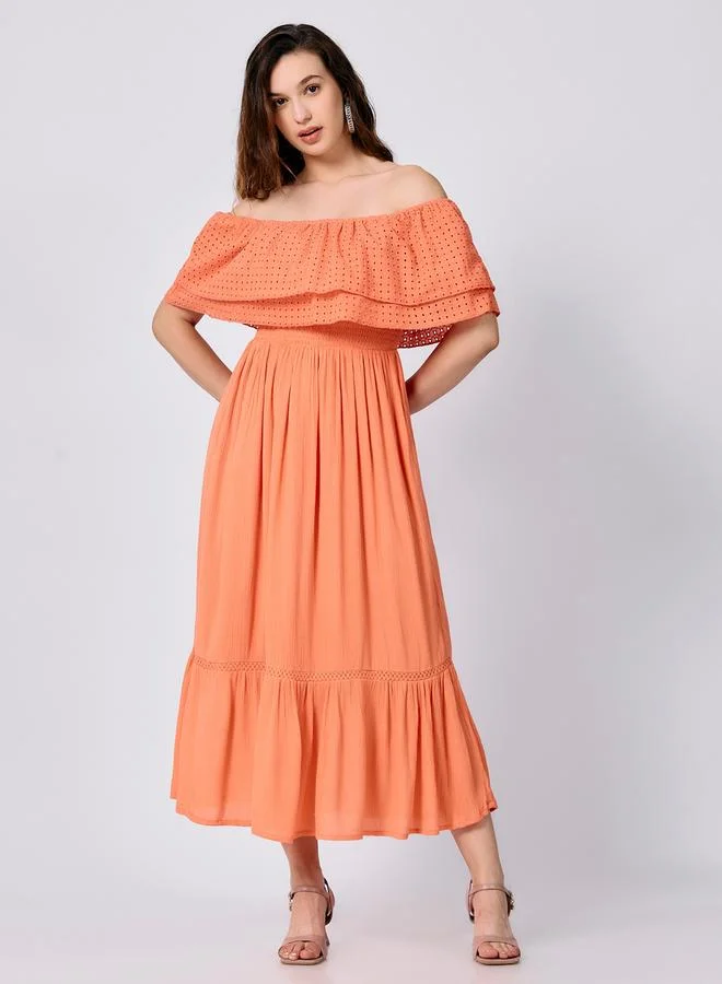Off Shoulder Tiered Midi Dress Peach