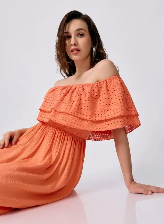 Off Shoulder Tiered Midi Dress Peach – image 5