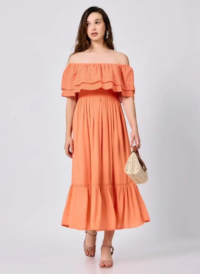 Off Shoulder Tiered Midi Dress Peach – image 6