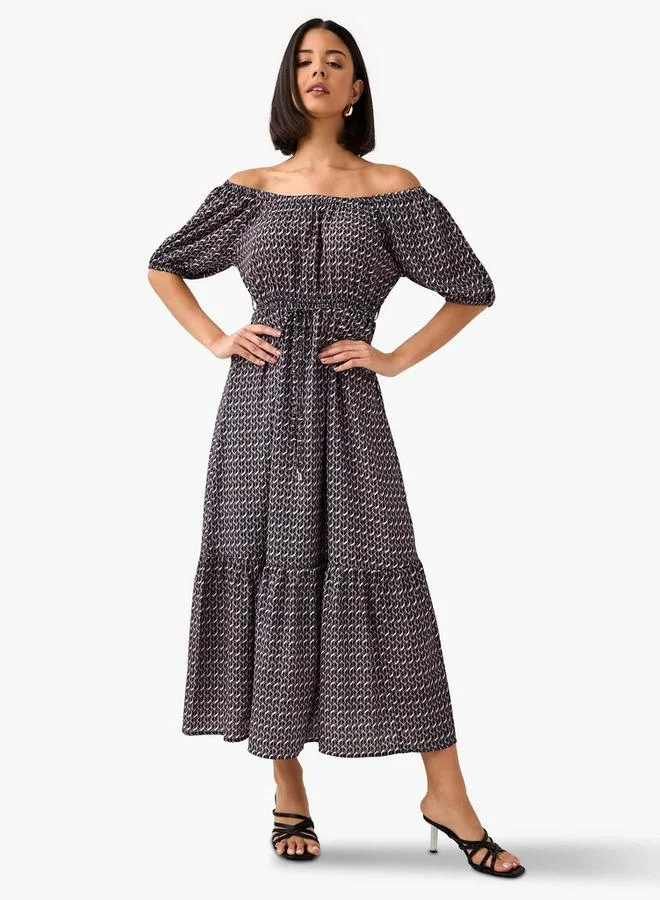 Geometric Print Off Shoulder Tie-Up Dress