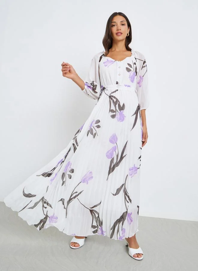 Women's Floral Print Pleated Chiffon Maxi Dress