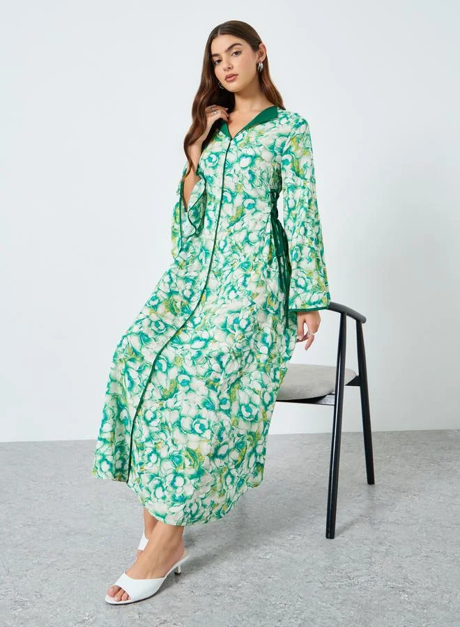 Printed V-Neck Long Sleeve Split Maxi Dress