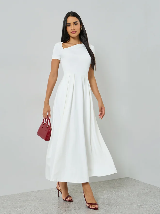 Asymmetric Neck Short Sleeve Maxi Dress White