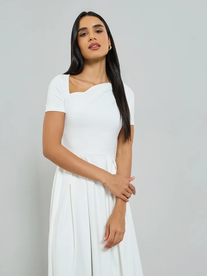 Asymmetric Neck Short Sleeve Maxi Dress White