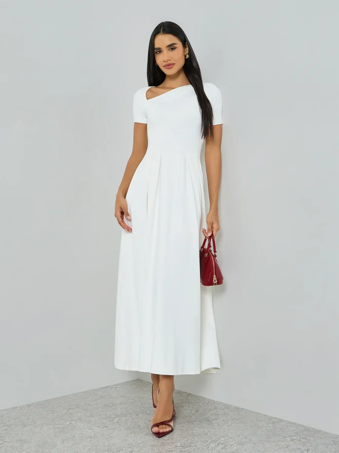 Asymmetric Neck Short Sleeve Maxi Dress White