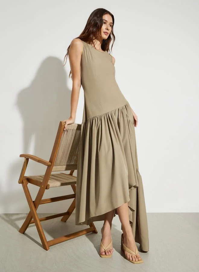 Sleeveless Asymmetric Hem Maxi Dress Khaki