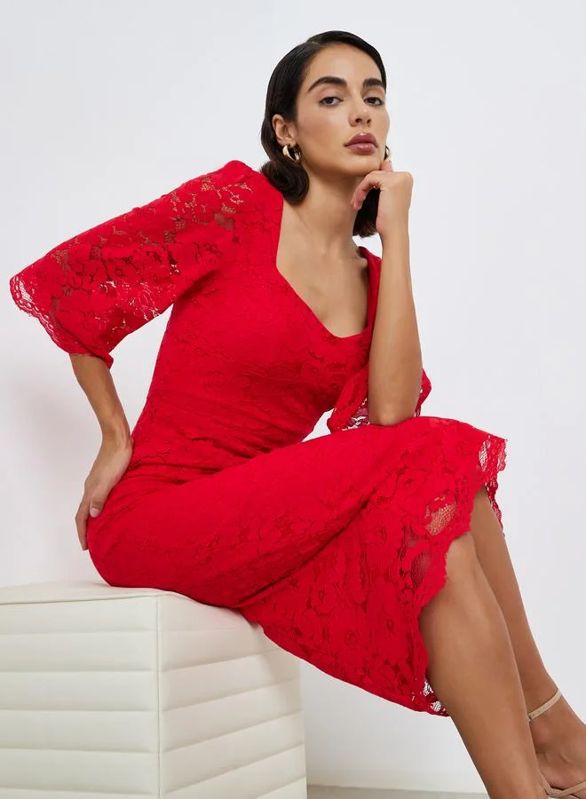 Lace Overlay Sheath Midi Dress Red