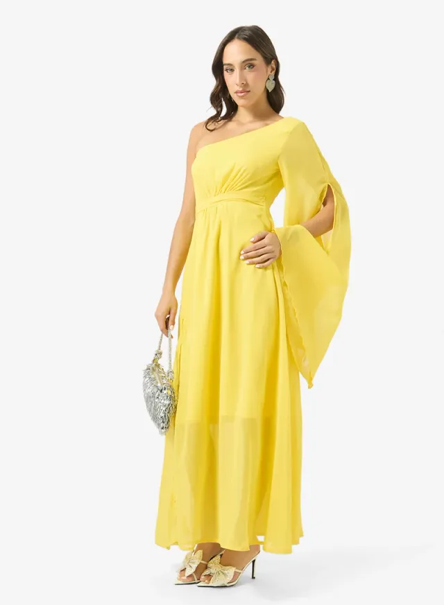 Ginger Bright Yellow One-Shoulder Pleated Maxi Dress – image 4