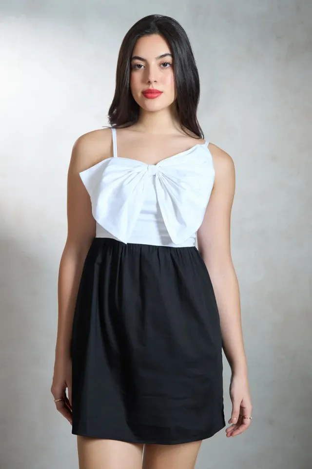 Black and White Mini Fit & Flare Dress with Bow Detail – image 2