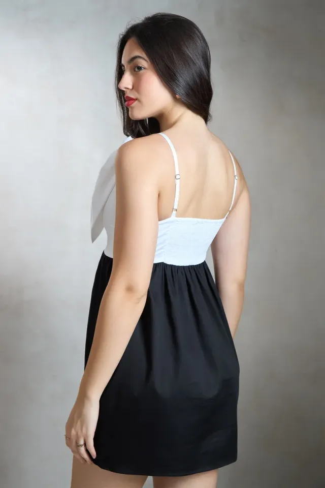 Black and White Mini Fit & Flare Dress with Bow Detail – image 4