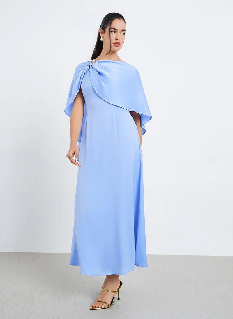 Women Cape Sleeve Midi Dress Blue