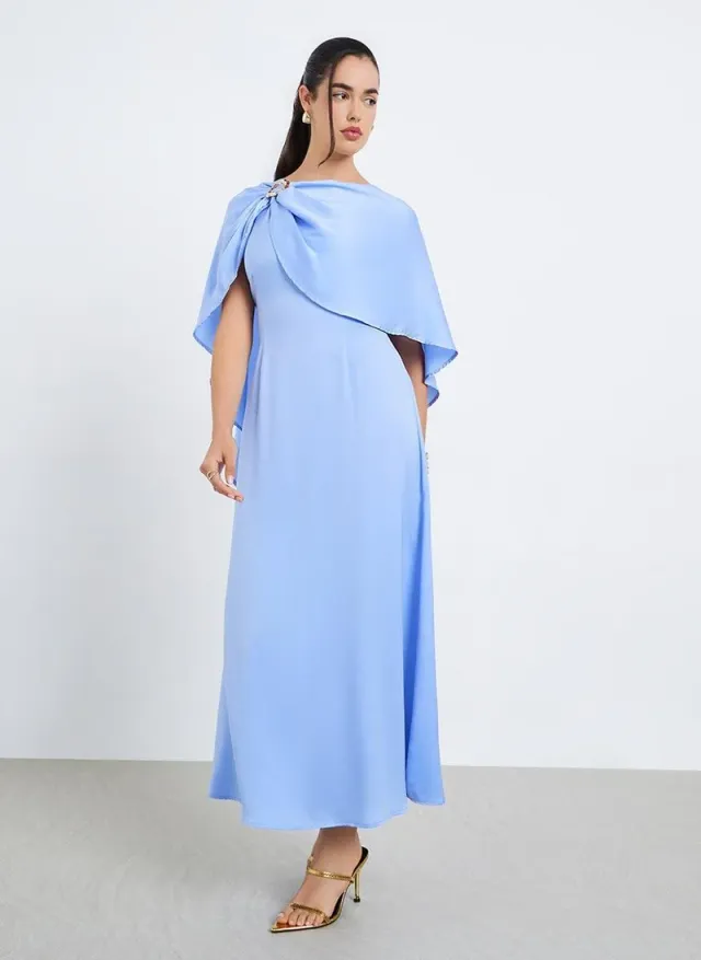 Women Cape Sleeve Midi Dress Blue