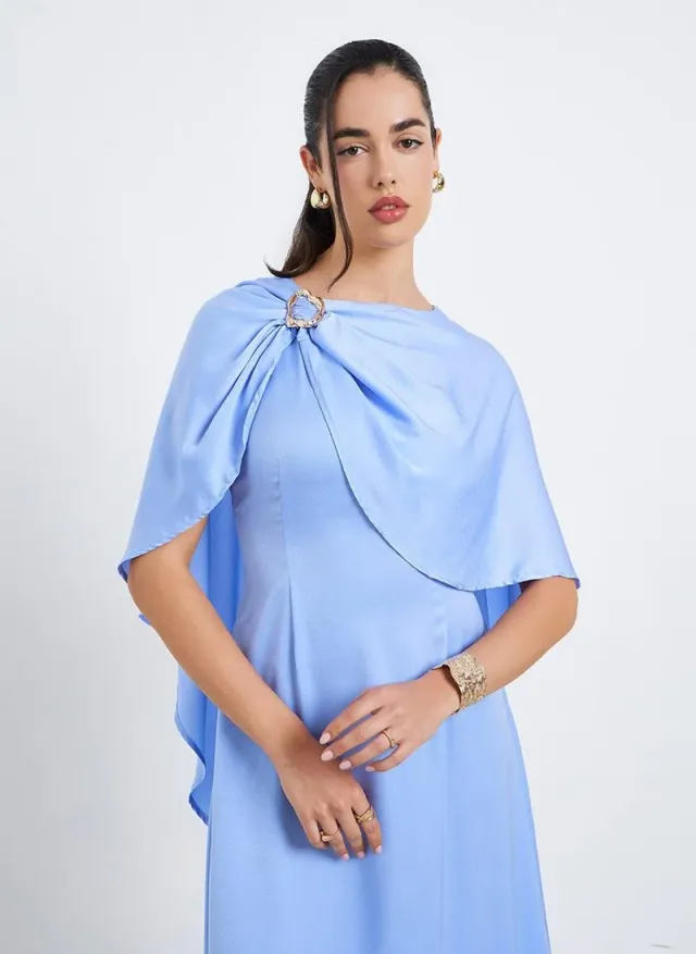Women Cape Sleeve Midi Dress Blue – image 2