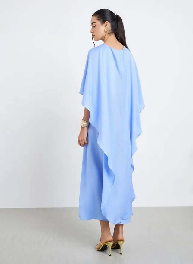 Women Cape Sleeve Midi Dress Blue – image 5