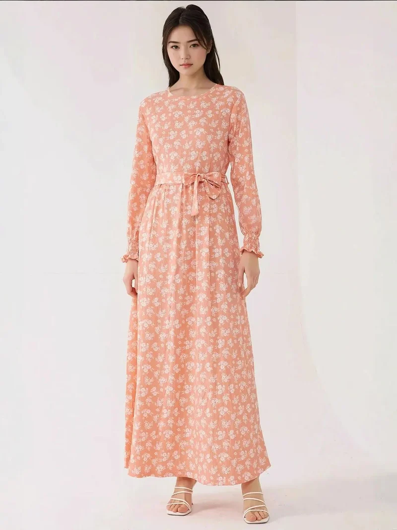 Floral Long Sleeve Maxi Dress with Belt