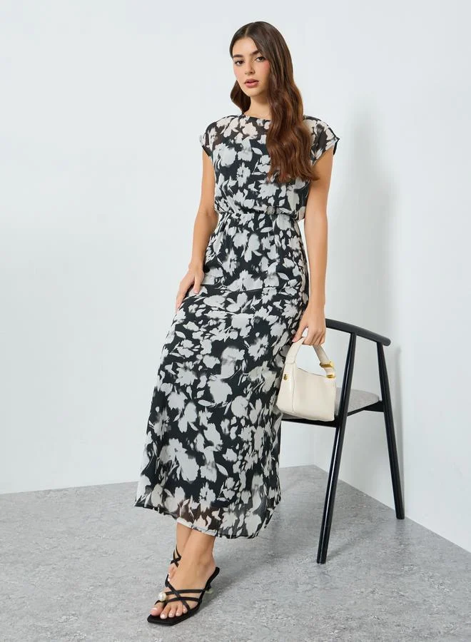 Floral Sleeveless A-Line Maxi Dress, Black