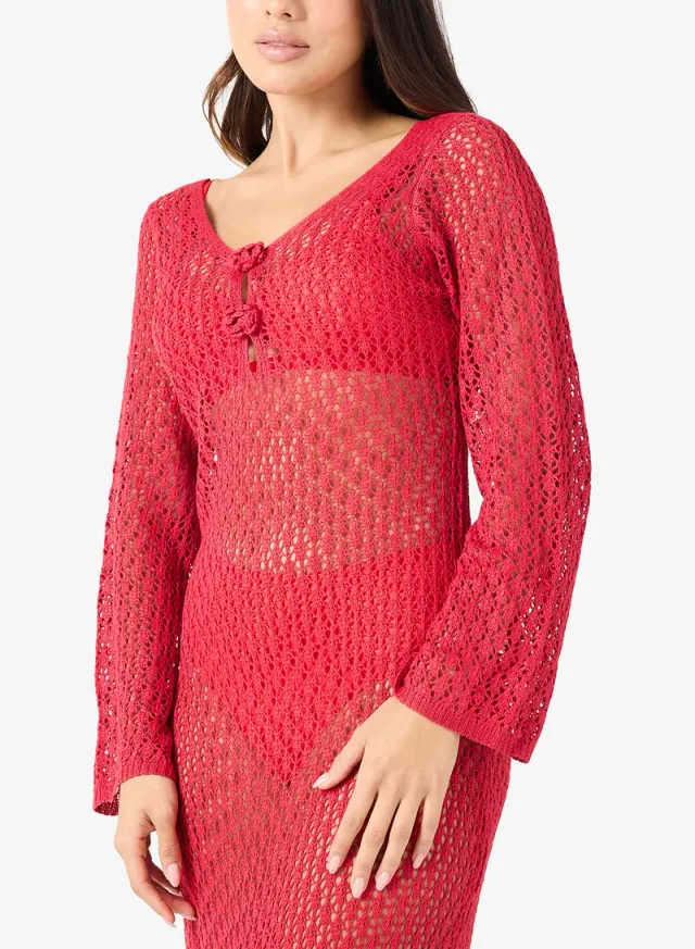 Red Crochet Maxi Dress with Long Sleeves and Plunge Neckline – image 3