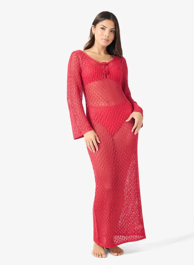 Red Crochet Maxi Dress with Long Sleeves and Plunge Neckline – image 4