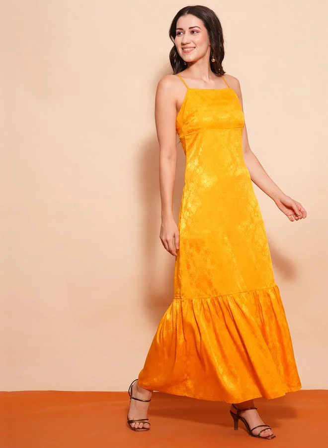 Women Self Design Satin Strappy A-Line Maxi Dress Yellow