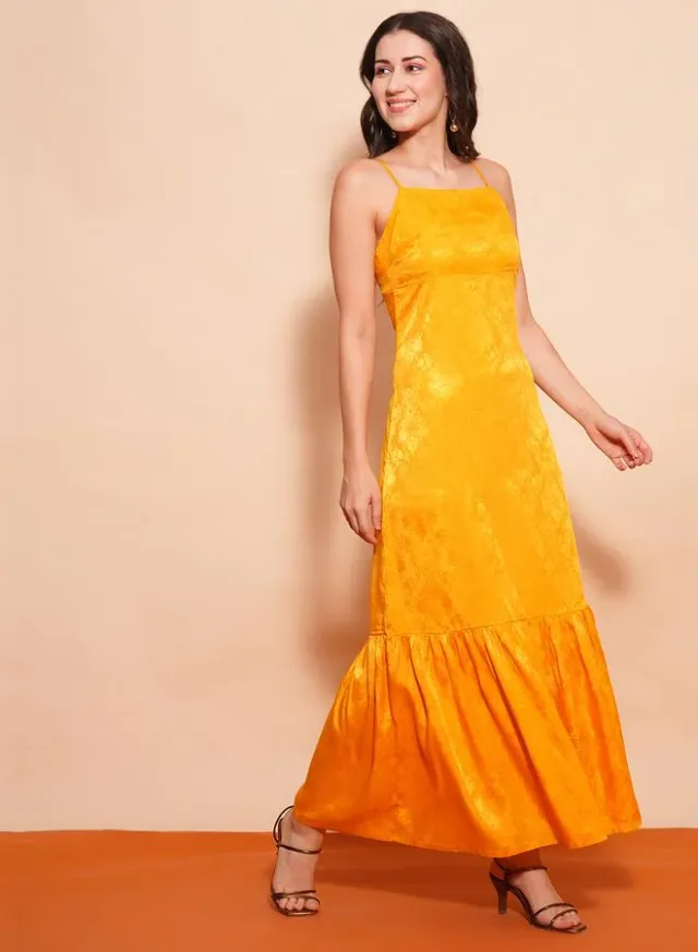 Women Self Design Satin Strappy A-Line Maxi Dress Yellow
