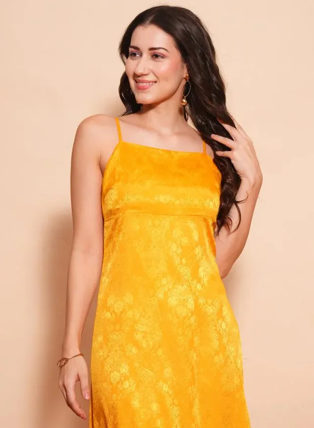 Satin Self Design Strappy A-Line Maxi Dress, mustard yellow – image 5